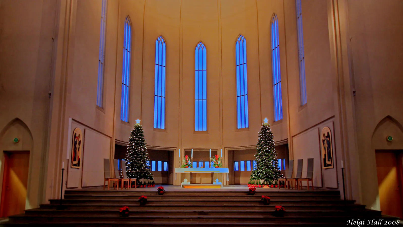 Inside Hallgrímskirkja at Christmas, with two lit Christmas trees beside the altar and tall blue windows
