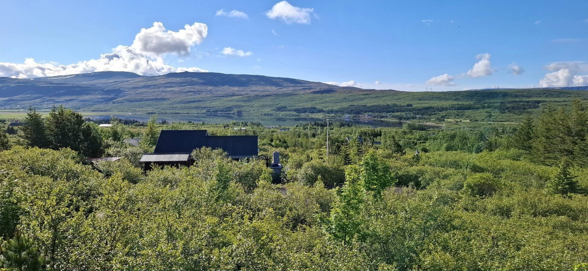 Green Icelandic countryside with a cabin — a quiet base for family travel