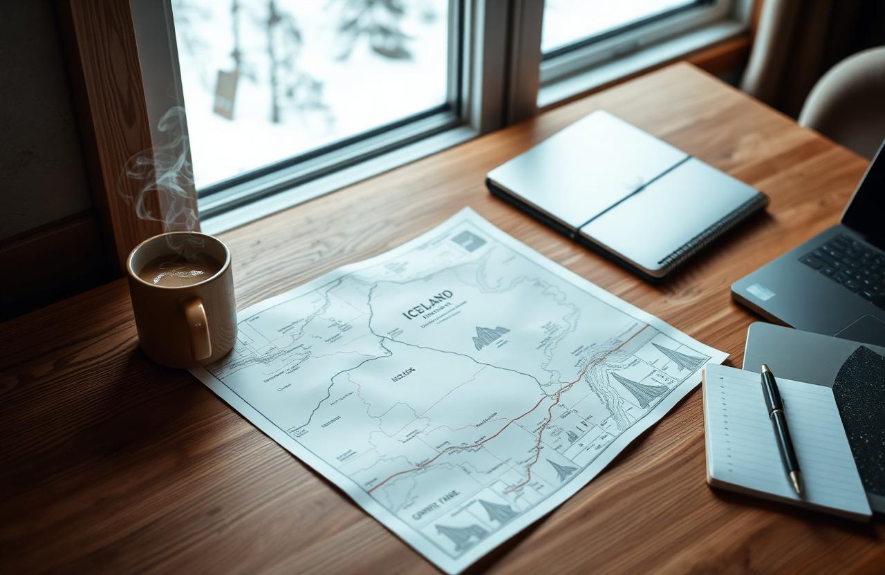 Paper map of Iceland on a wooden table with a notebook